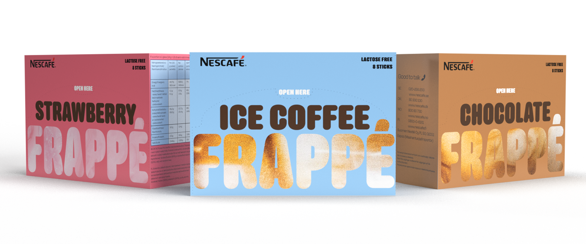  3 3d modeller av nescafe ice coffee frappe redesign orginal jordbær og sjokolade